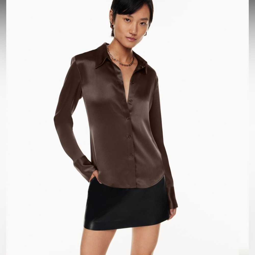Aritzia Babaton Satin Industry Shirt in Rich Mocha Brown - Worn Once